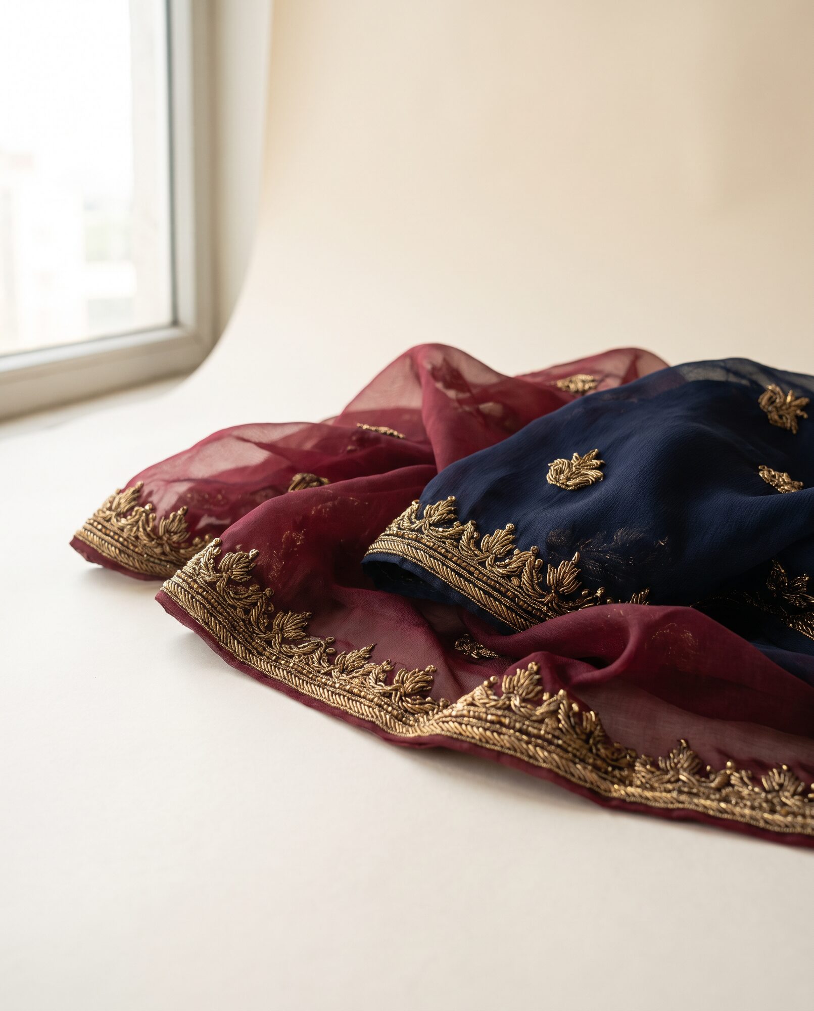 Maroon organza and midnight chiffon with antique gold zardozi hand embroidery