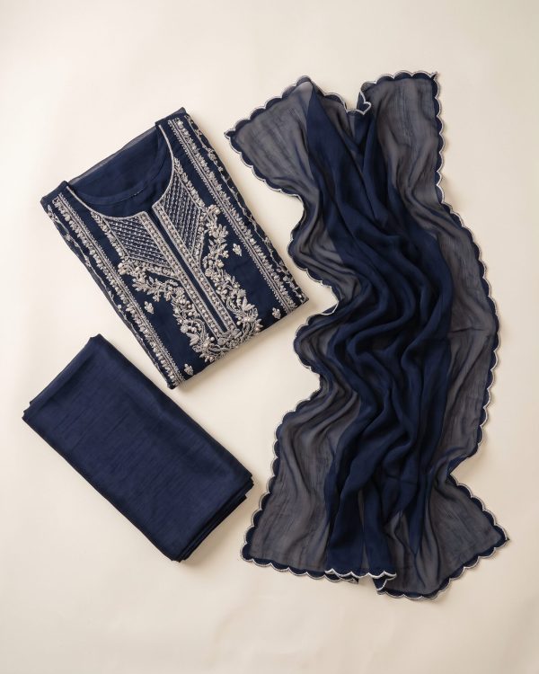 Chiffon Formal 3-Piece in midnight navy — shirt, dupatta and raw-silk trouser laid flat