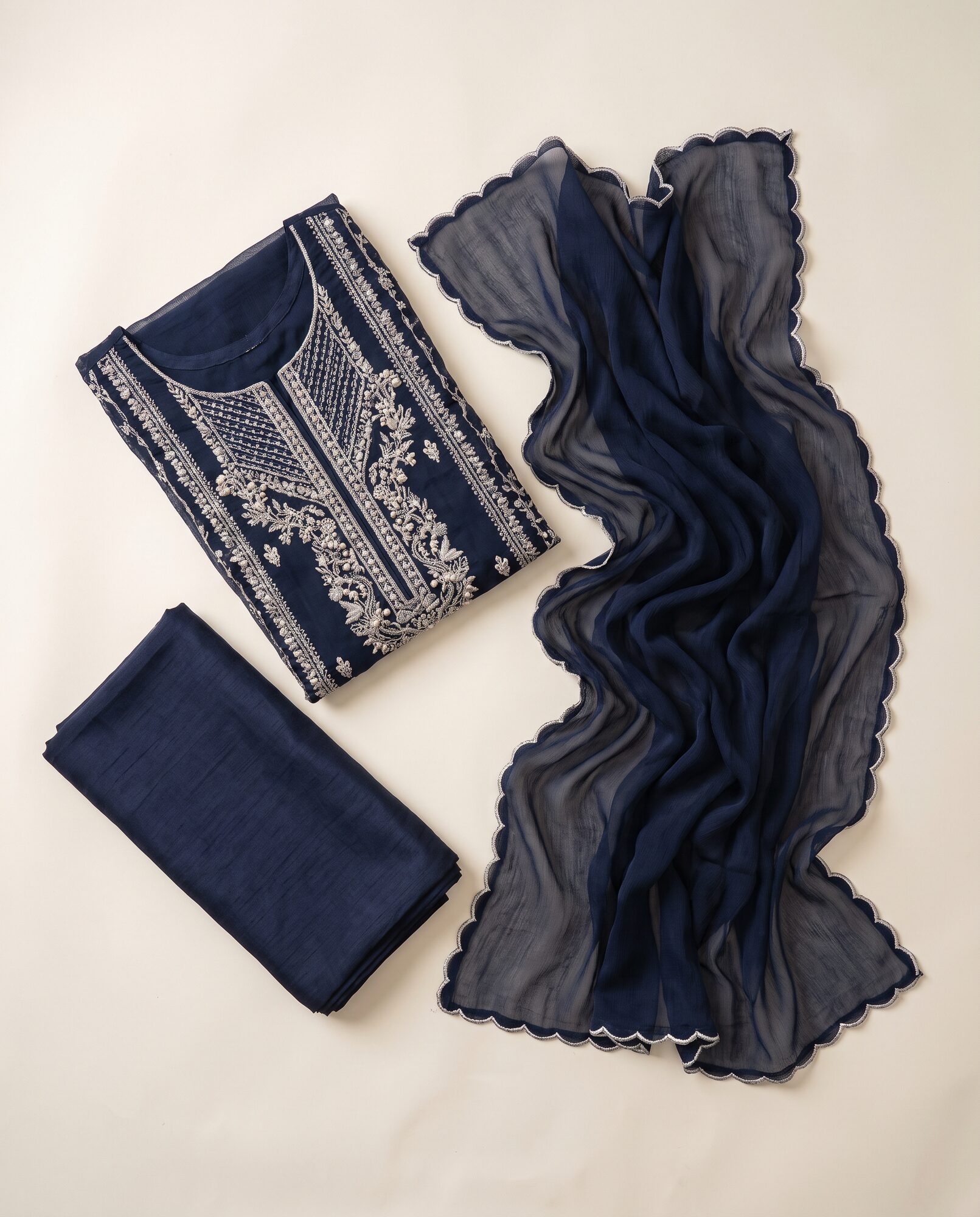 Chiffon Formal 3-Piece in midnight navy — shirt, dupatta and raw-silk trouser laid flat