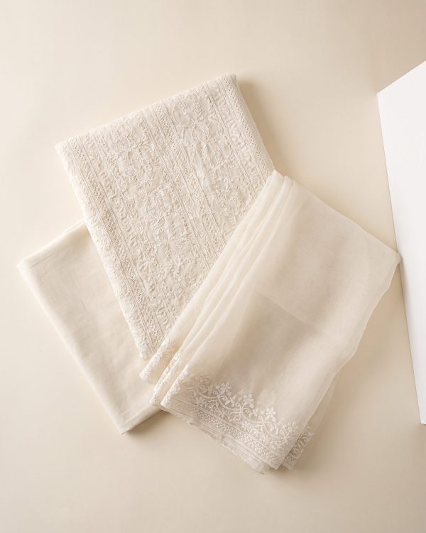 Chikankari Lawn Suit in ivory — unstitched three-piece with white-on-white hand embroidery