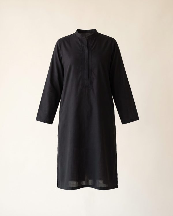 Embroidered Cambric Kurta in black — straight-cut stitched kurta falling below the knee
