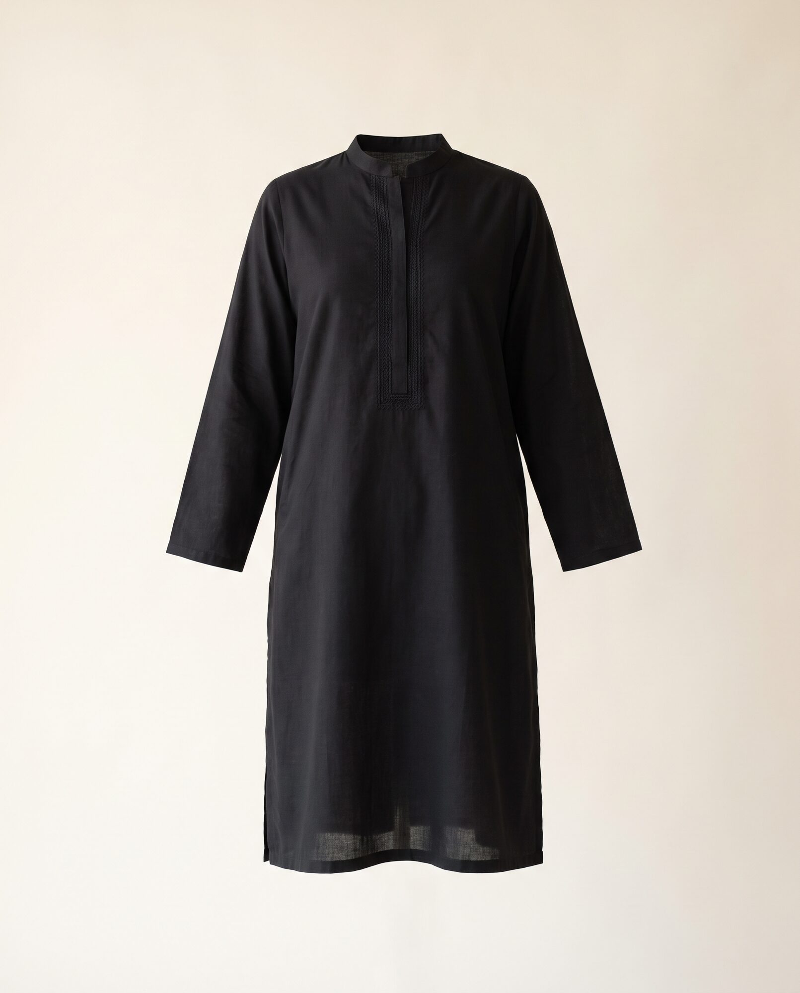 Embroidered Cambric Kurta in black — straight-cut stitched kurta falling below the knee