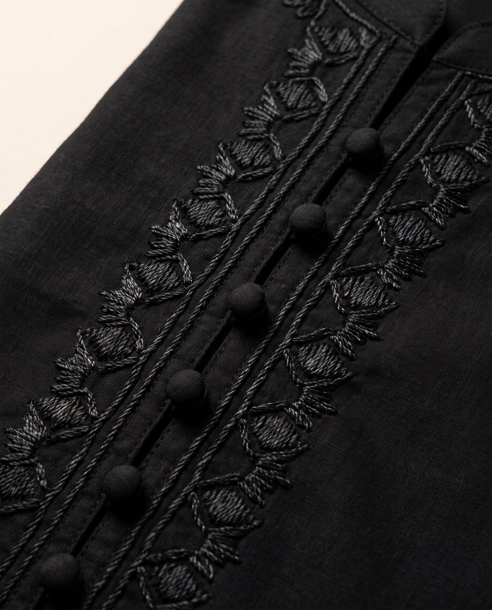 Close-up of the tonal black embroidered placket on the cambric kurta