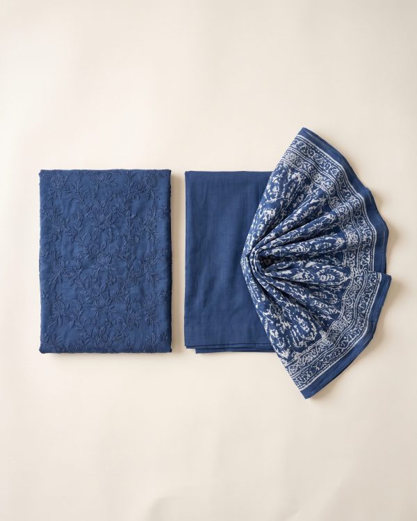 Embroidered Lawn 3-Piece in indigo — unstitched shirt, trouser and printed dupatta