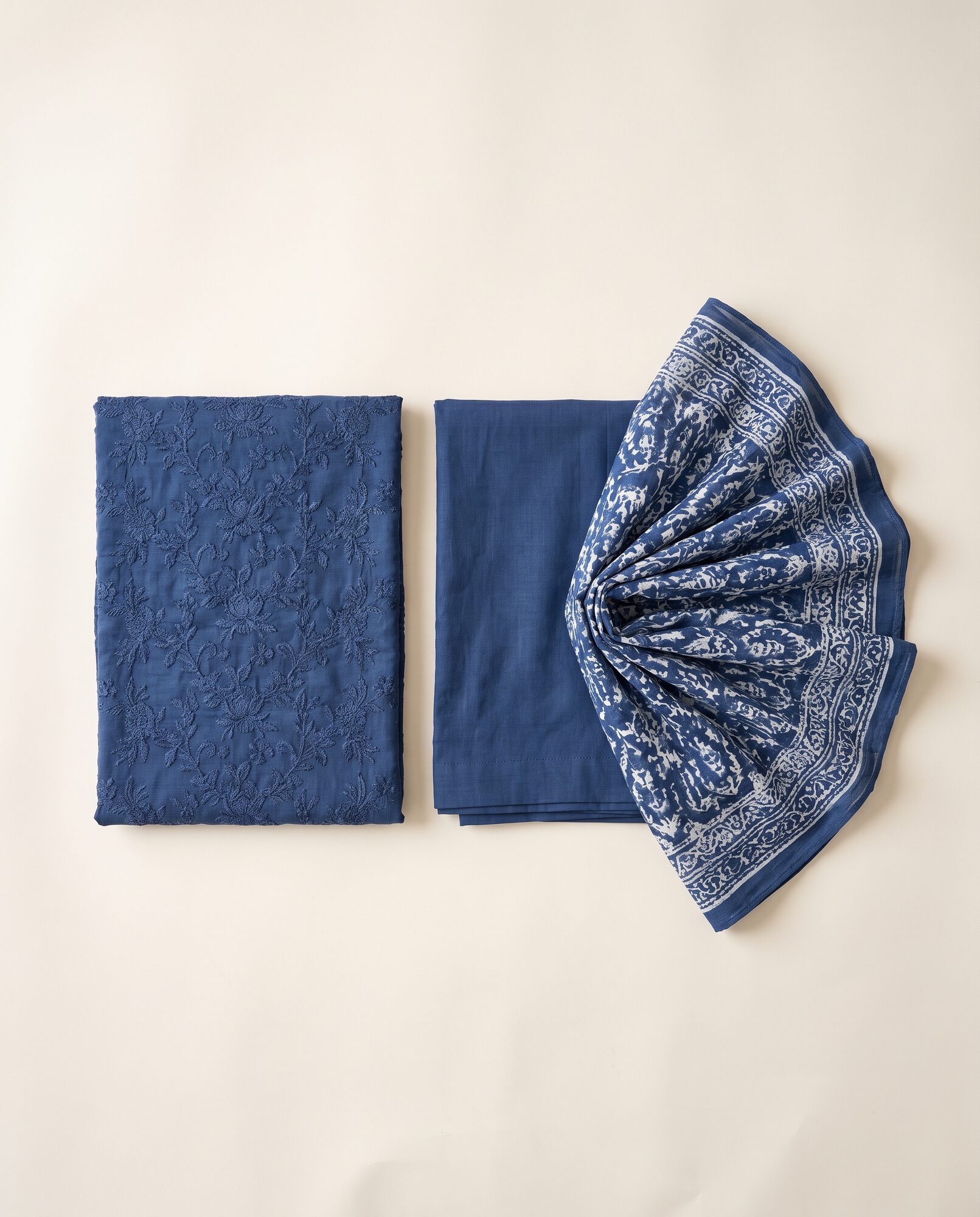 Embroidered Lawn 3-Piece in indigo — unstitched shirt, trouser and printed dupatta