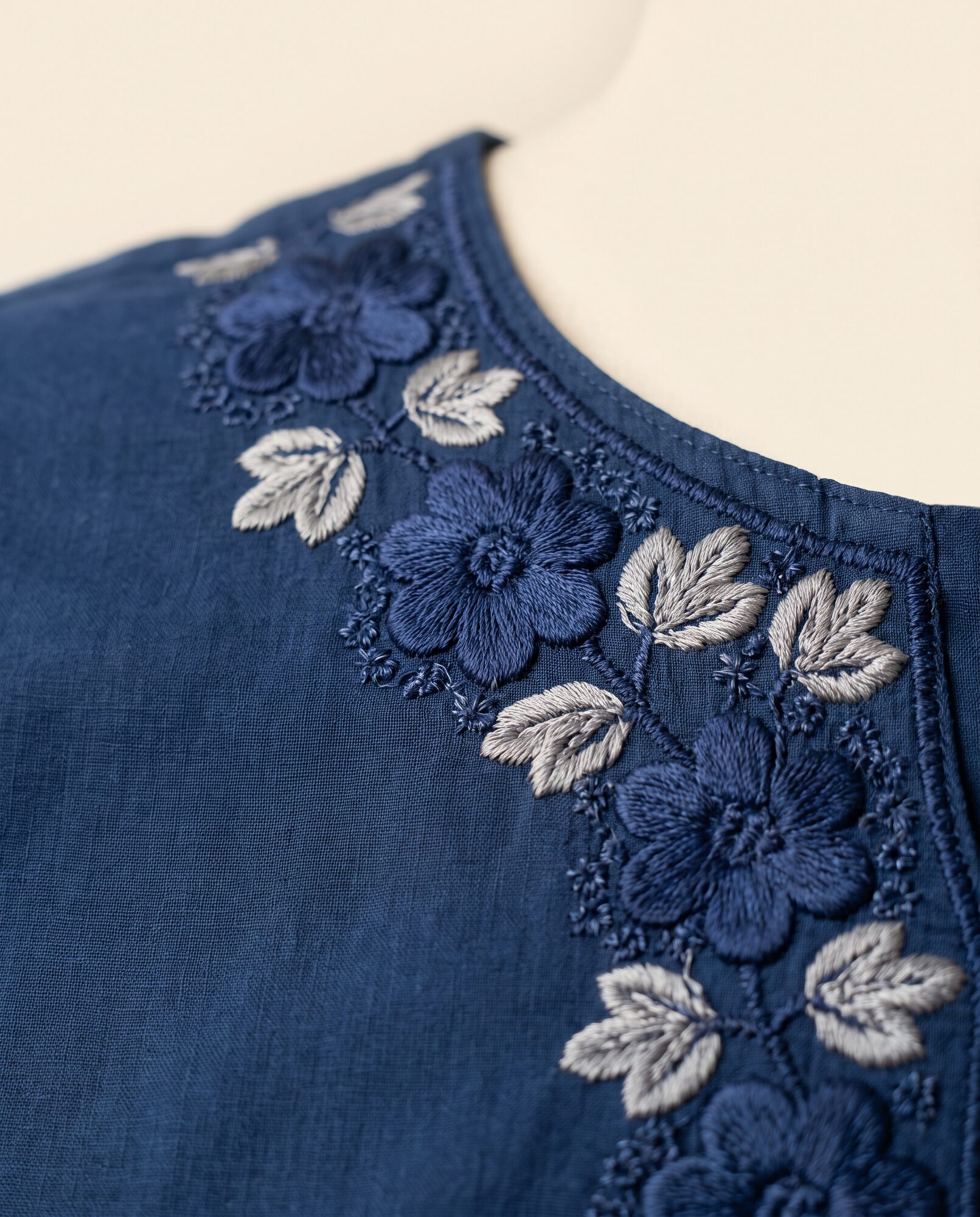 Close-up of the tone-on-tone indigo thread work across the shirt front panel