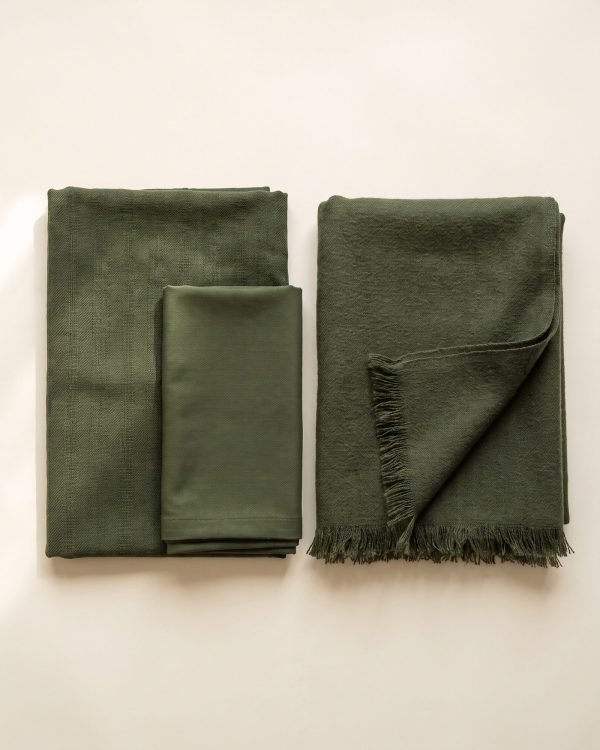 Khaddar 3-Piece Suit in moss — unstitched shirt, trouser and fringed shawl