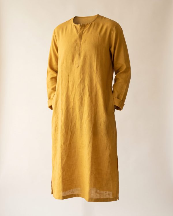 Linen Kurta in mustard — relaxed straight-cut stitched kurta