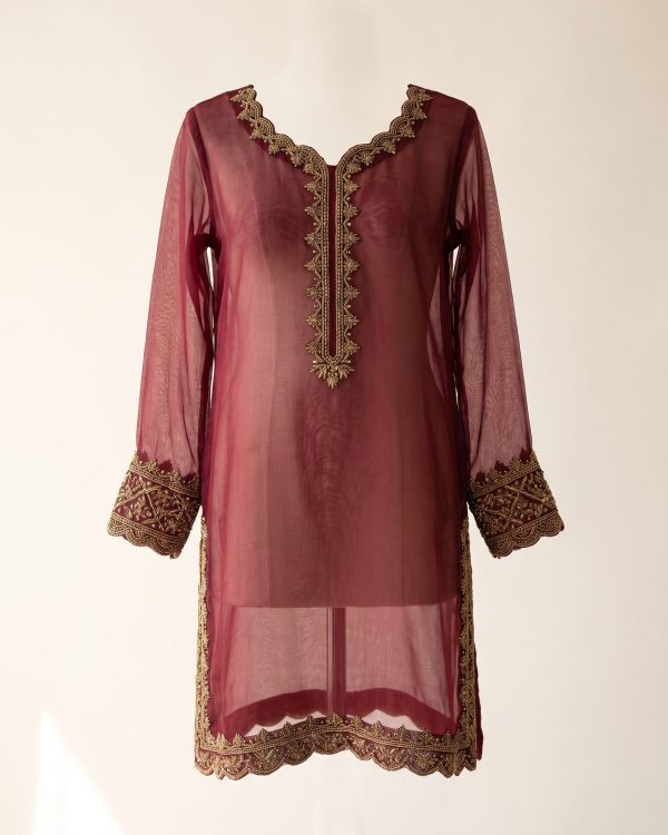 Hand-Embroidered Organza Formal in maroon — stitched formal shirt