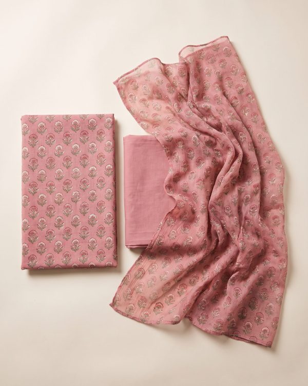Printed Lawn Suit in dusty rose — unstitched three-piece laid flat
