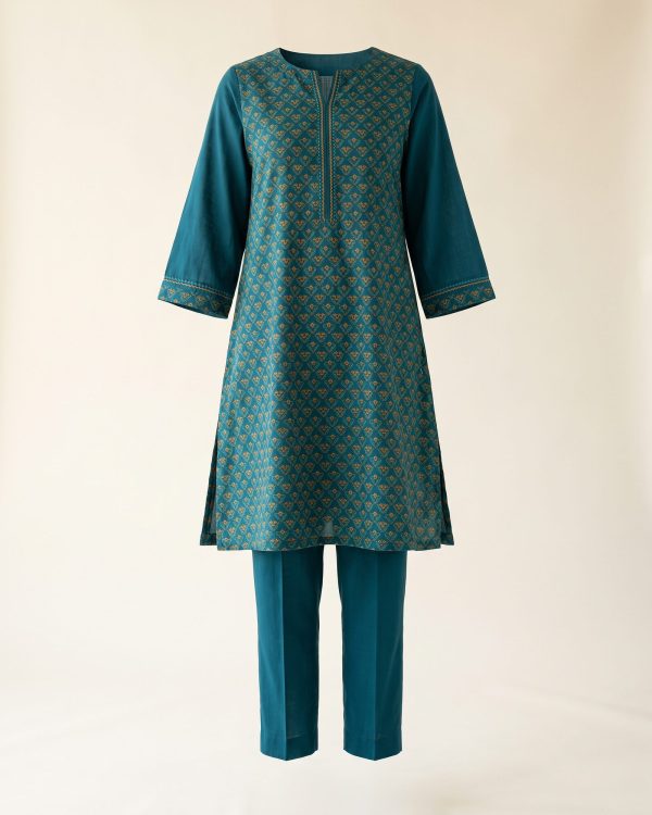 Printed Pret 2-Piece in teal — stitched shirt with matching straight trouser