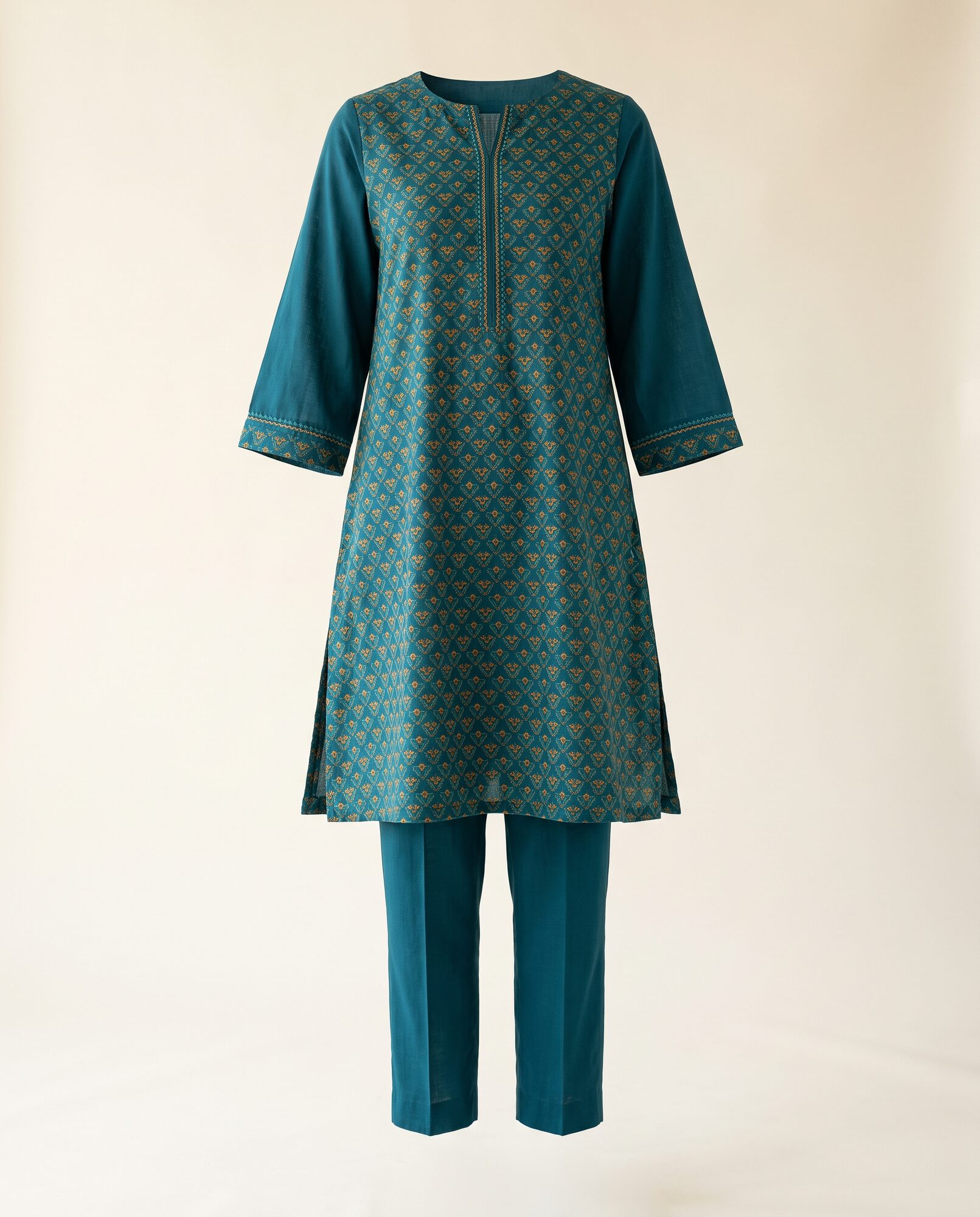 Printed Pret 2-Piece in teal — stitched shirt with matching straight trouser